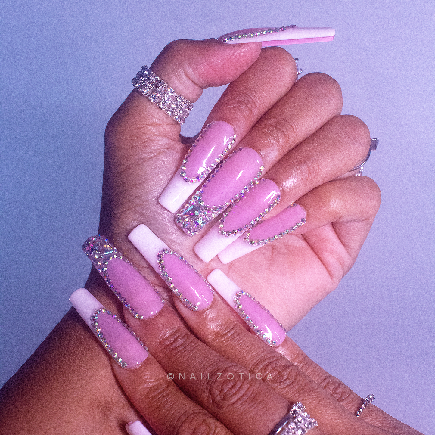 French & Fancy - Long Length 40mm Square Shape White French Tip Pink Base Silver Rhinestone Reusable Acrylic Gel UV Hand-Painted High Quality Handmade Luxury Press On Nails