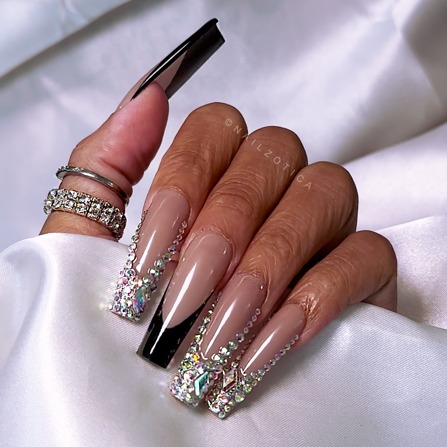 Frenchie Bling - Long Length 40mm French Tip White Black Pink Nude Natural Base Silver Rhinestone Reusable Acrylic Gel UV Hand-Painted High Quality Handmade Luxury Press On Nails