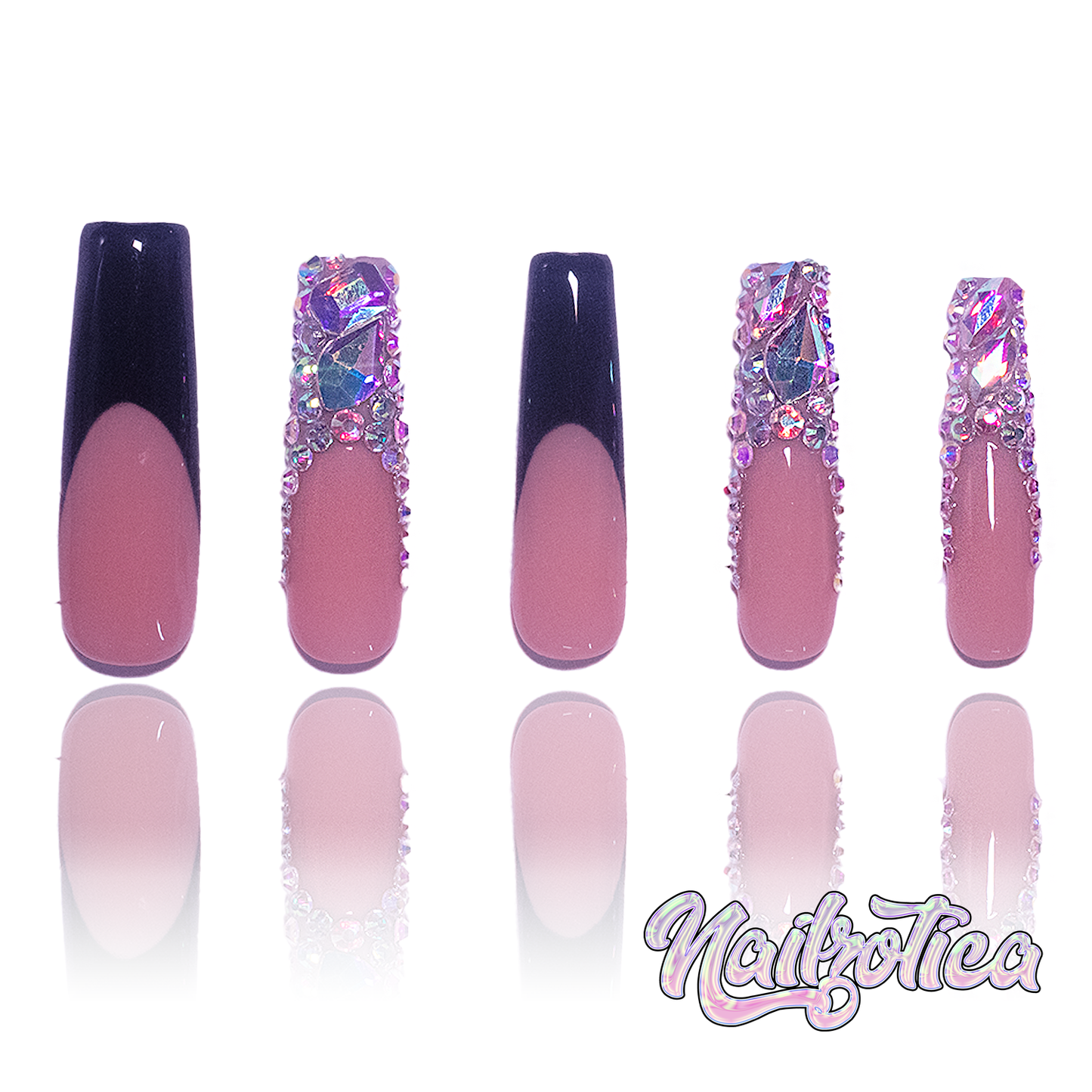 Frenchie Bling - Long Length 40mm French Tip White Black Pink Nude Natural Base Silver Rhinestone Reusable Acrylic Gel UV Hand-Painted High Quality Handmade Luxury Press On Nails (Custom)