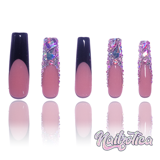 Frenchie Bling - Long Length 40mm French Tip White Black Pink Nude Natural Base Silver Rhinestone Reusable Acrylic Gel UV Hand-Painted High Quality Handmade Luxury Press On Nails (Custom)