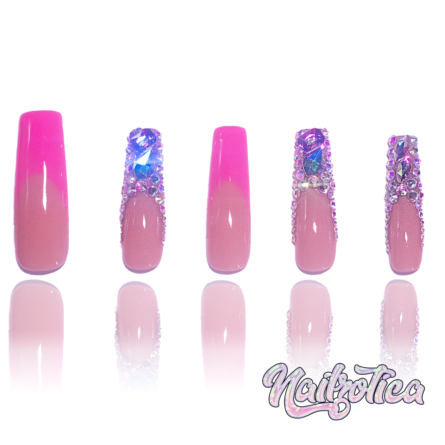 Frenchie Bling - Long Length 40mm French Tip White Black Pink Nude Natural Base Silver Rhinestone Reusable Acrylic Gel UV Hand-Painted High Quality Handmade Luxury Press On Nails