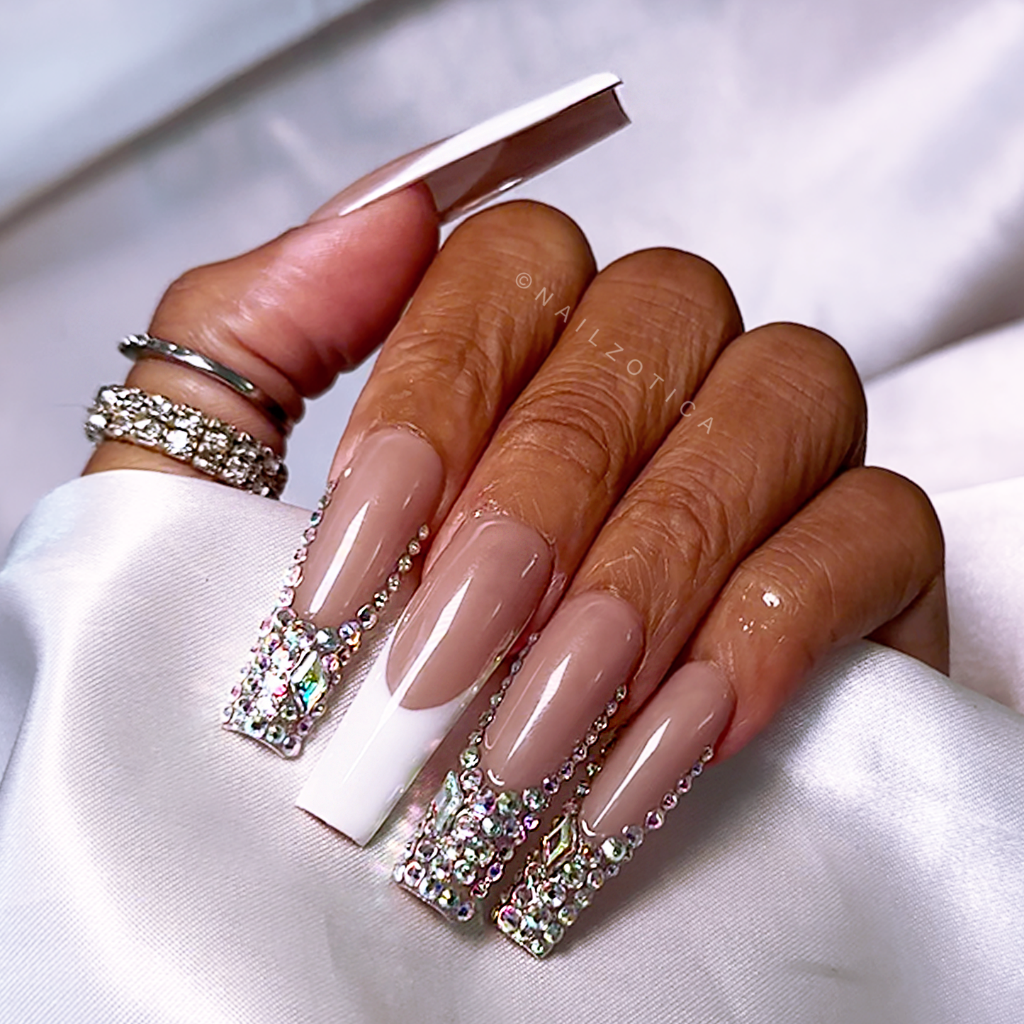 Frenchie Bling - Long Length 40mm French Tip White Black Pink Nude Natural Base Silver Rhinestone Reusable Acrylic Gel UV Hand-Painted High Quality Handmade Luxury Press On Nails