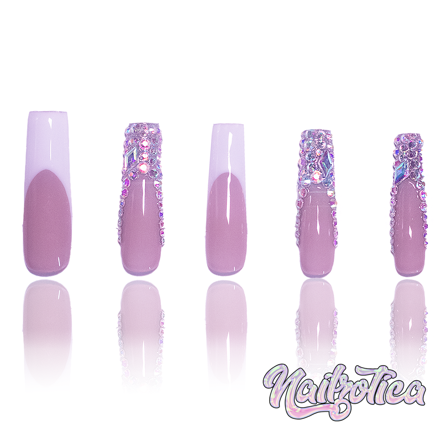 Frenchie Bling - Long Length 40mm French Tip White Black Pink Nude Natural Base Silver Rhinestone Reusable Acrylic Gel UV Hand-Painted High Quality Handmade Luxury Press On Nails