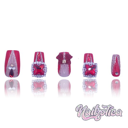Gift of Glam - Short Length 25mm Square Shape Red French Tip Ruby Gem Bow Charm Silver Glitter Handmade Luxury Holiday Edition Christmas Press On Nails