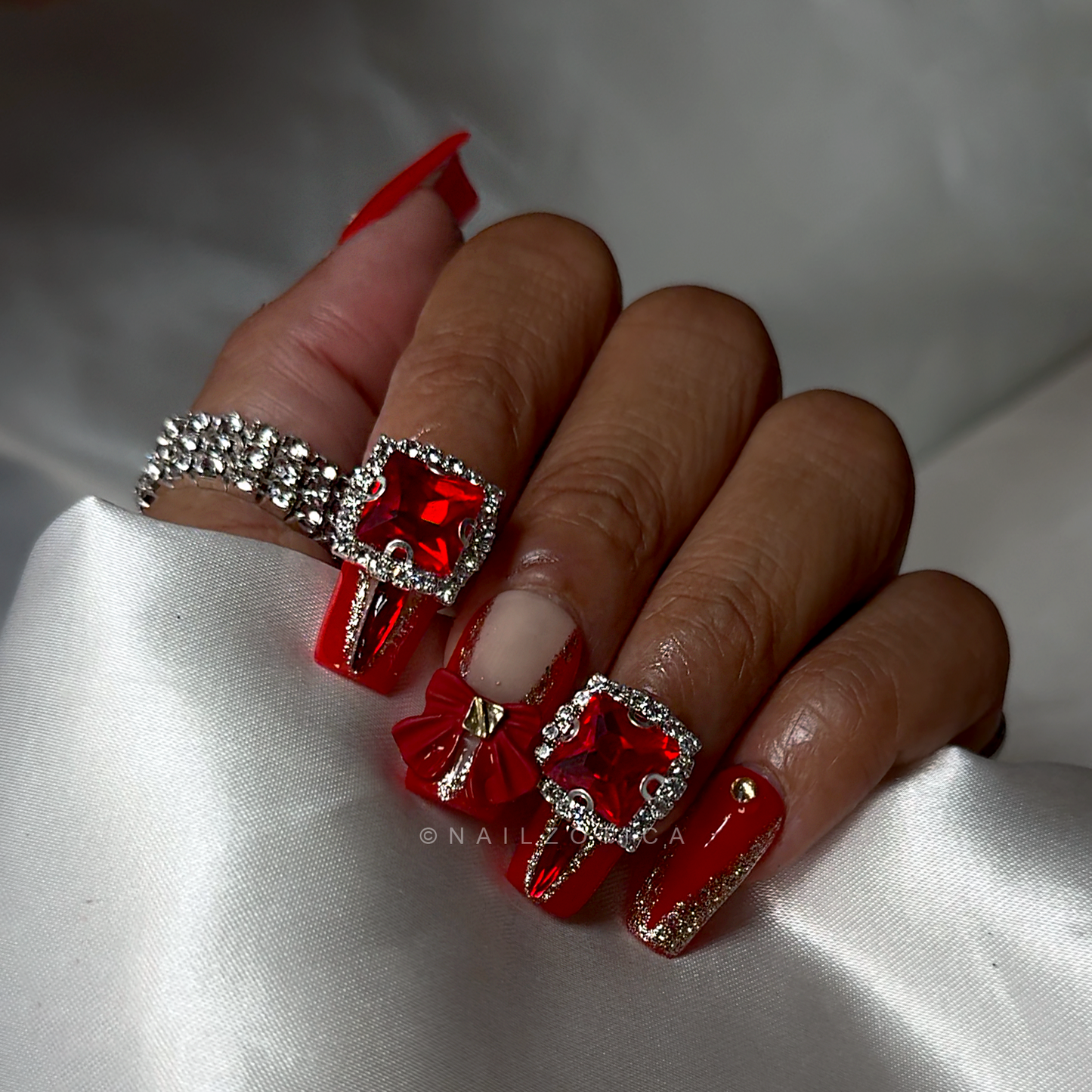 Gift of Glam - Short Length 25mm Square Shape Red French Tip Ruby Gem Bow Charm Silver Glitter Handmade Luxury Holiday Edition Christmas Press On Nails