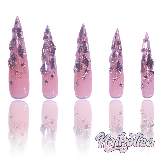 Gilded Gold - Extra Long Length 50mm Stiletto Medium Length Duck Shape Transparent Nude Base Glitter Ombre Gold Rhinestone Reusable Acrylic Gel UV Hand-Painted High QualityHandmade Luxury Press On Nails (Custom)
