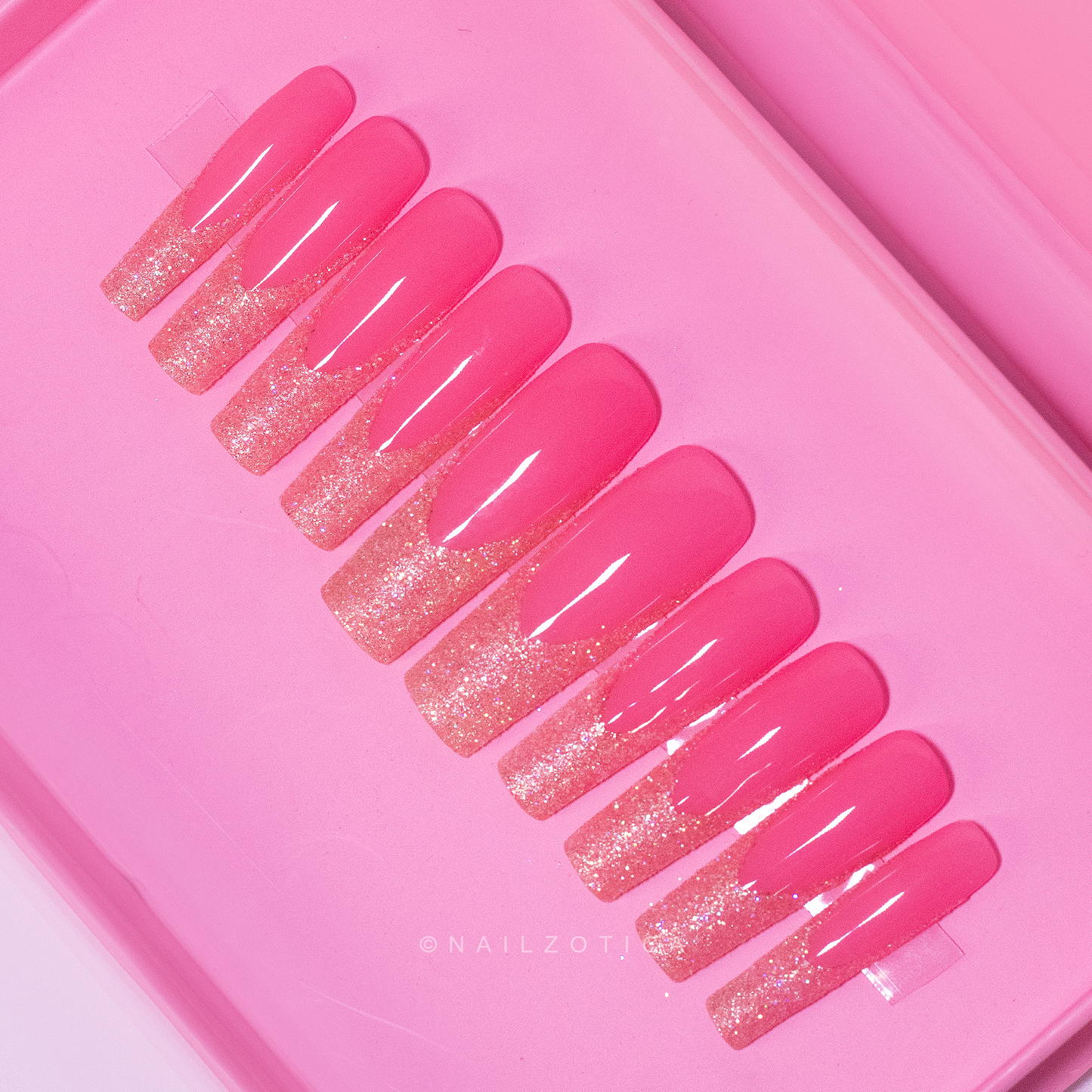 Glitter Goddess - Long Length 25mm & 40mm Short Length Square Shape Gold Glitter French Tip Pink Transparent Base Reusable Acrylic Gel UV Hand-Painted High Quality Handmade Luxury Press On Nails