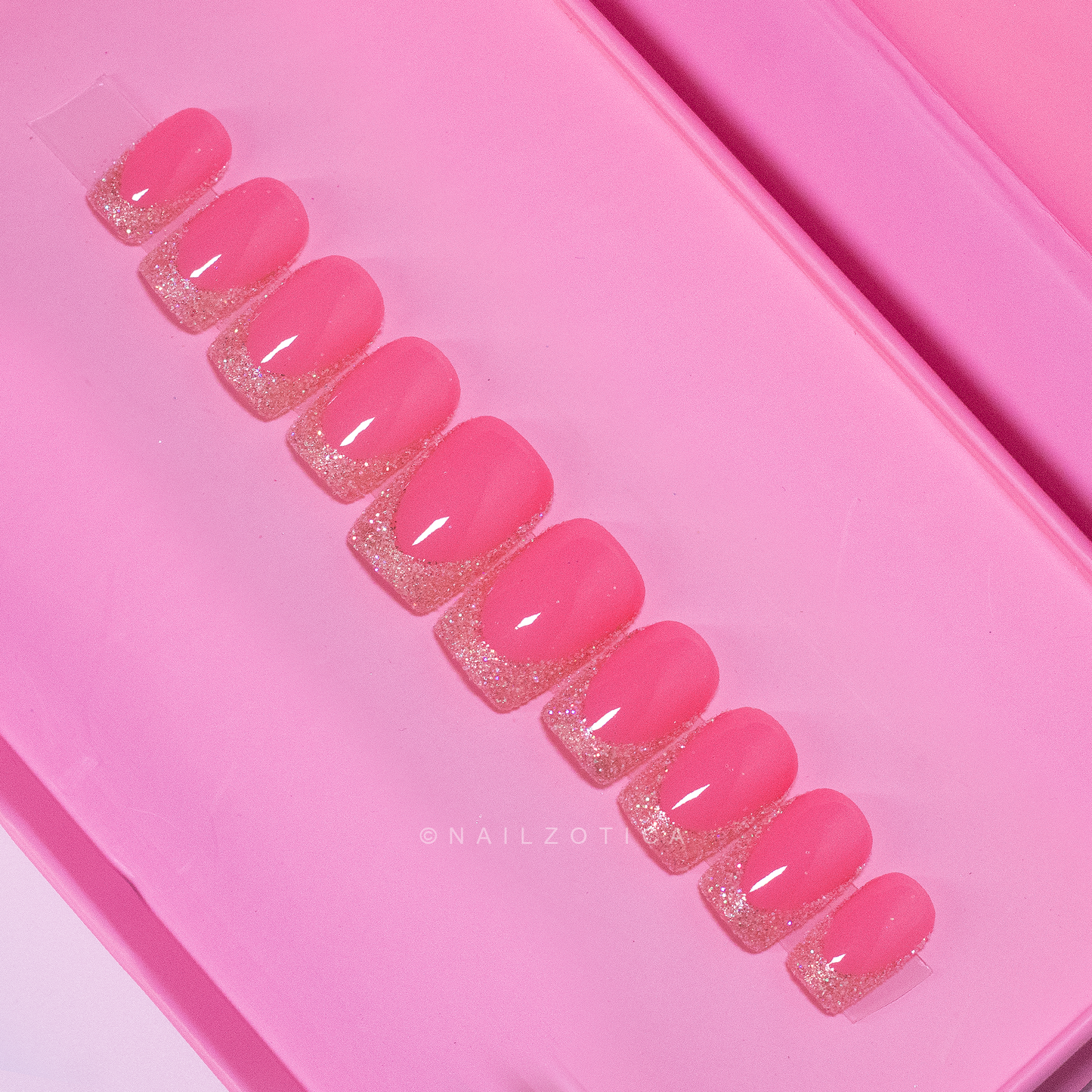 Glitter Goddess - Long Length 25mm & 40mm Short Length Square Shape Gold Glitter French Tip Pink Transparent Base Reusable Acrylic Gel UV Hand-Painted High Quality Handmade Luxury Press On Nails