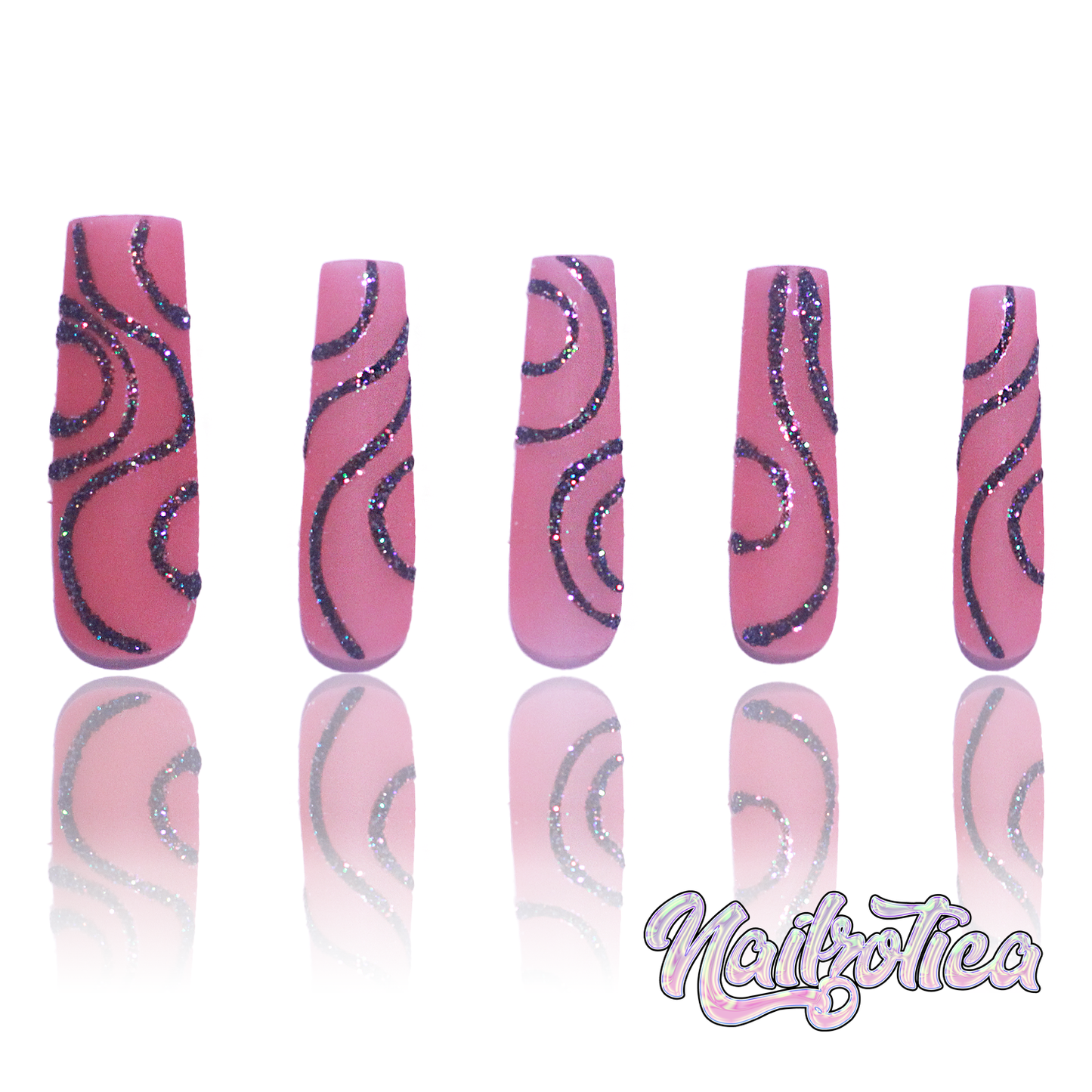 Glitz & Glitter - Long Length 40mm Square Shape Natural Pink Matte Base Black Glitter Swirls Reusable Acrylic Gel UV Hand-Painted High Quality Handmade Luxury Press On Nails