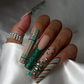 Green Glitz - Extra Long Length 55mm Square Shape Plaid Green Gold Glitter French Tip Green and Gold Rhinestone Reusable Acrylic Gel UV Hand-Painted High Quality Handmade Luxury Holiday Edition Christmas Press On Nails