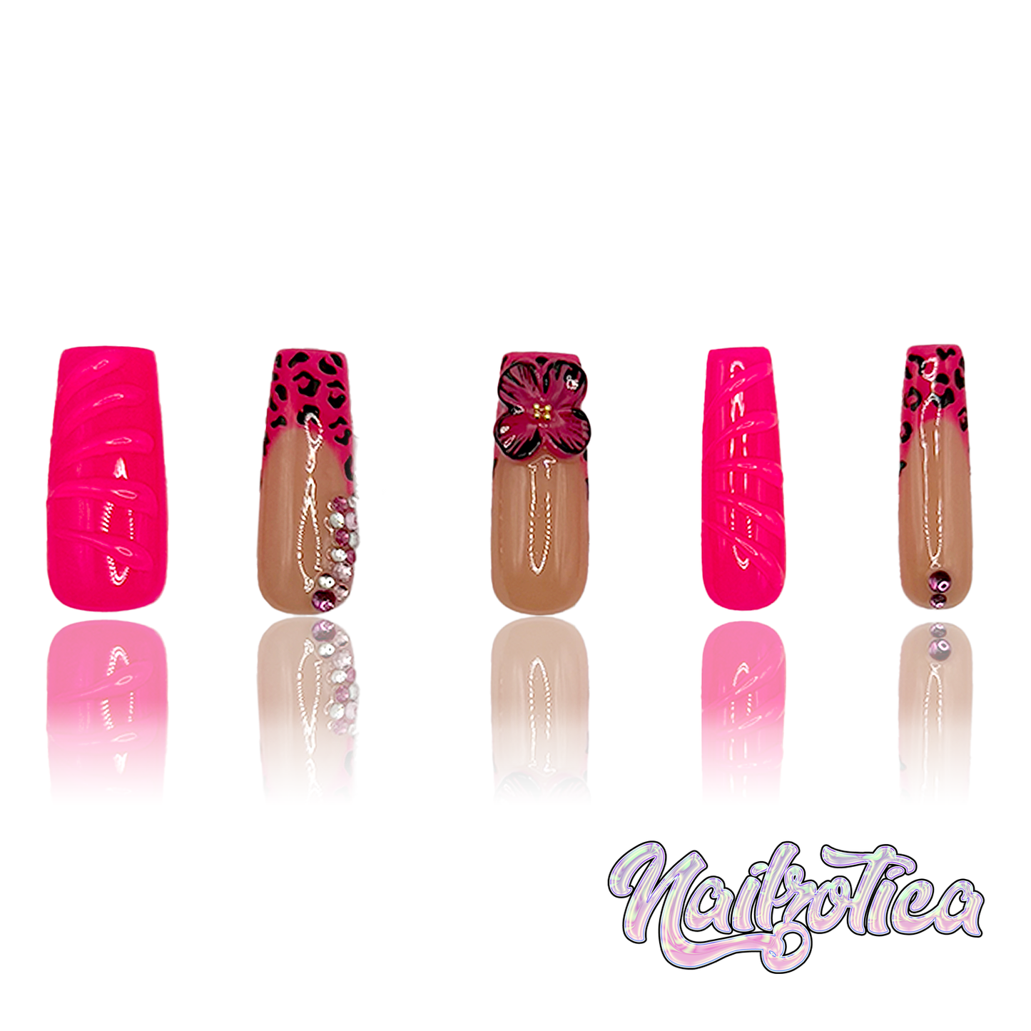 Hibiscus Hottie - Medium Length 35mm Square Shape Hot Pink Animal Print 3D Flower Rhinestone Reusable Acrylic Gel UV High Quality Handmade Luxury Press On Nails (Custom)