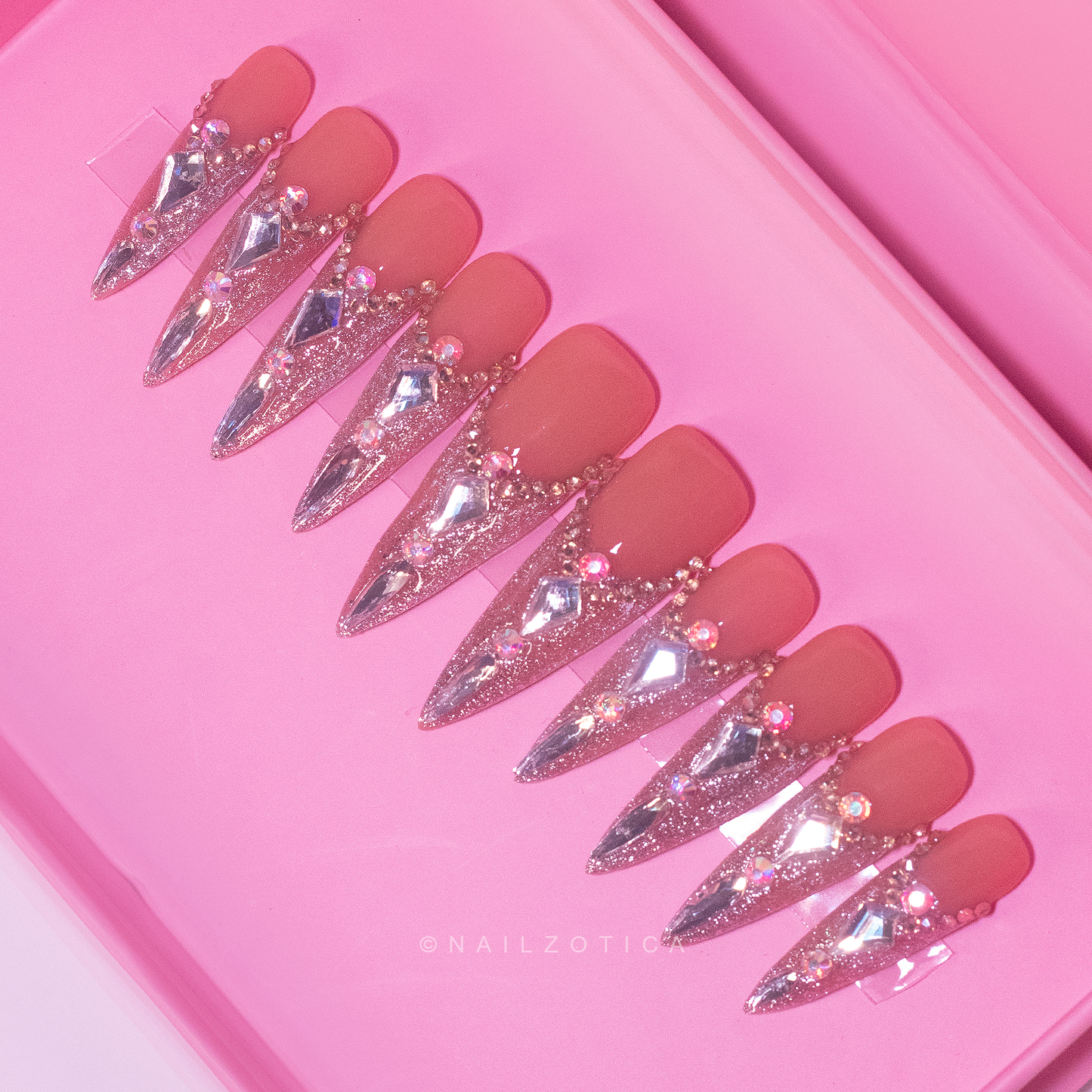 Ice Princess - Long Length 40mm Stiletto Pointy Shape Natural Transparent Base Silver Glitter Rhinestone Reusable Acrylic Gel UV Hand-Painted High Quality Handmade Luxury Press On Stiletto Nails