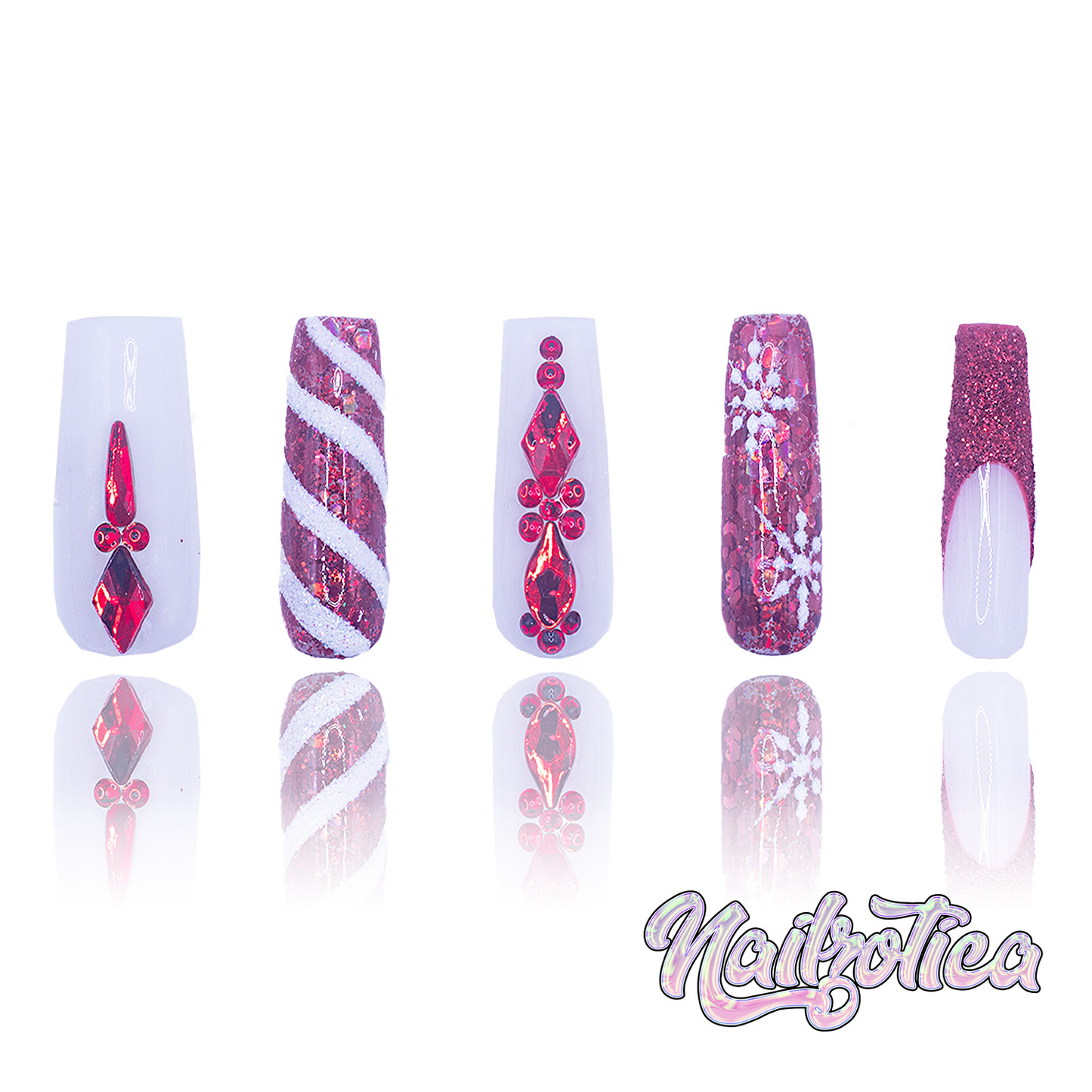 Naughty List - Medium Length 30mm Square Shape Red and White Candy Cane Peppermint Glitter Snowflake Holographic Confetti French Tip Reusable Acrylic Gel UV Hand-Painted High Quality Handmade Luxury Holiday Edition Christmas Press On Nails