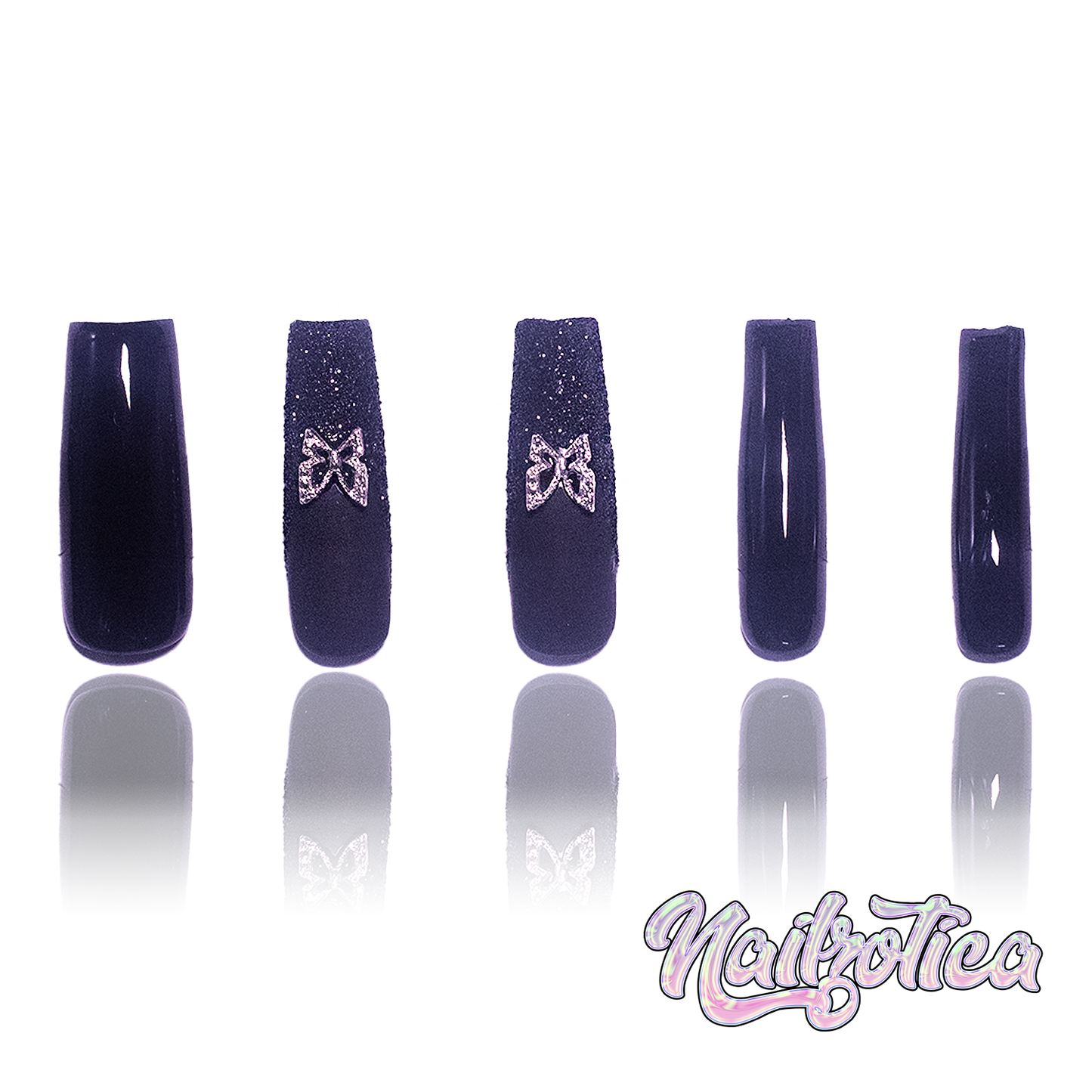 Noir Butterfly - Extra Long Length 55mm Medium Length Square Shape Matte Black Glitter Silver Butterfly Charm Reusable Acrylic Gel UV Hand-Painted High Quality Handmade Luxury Press On Nails