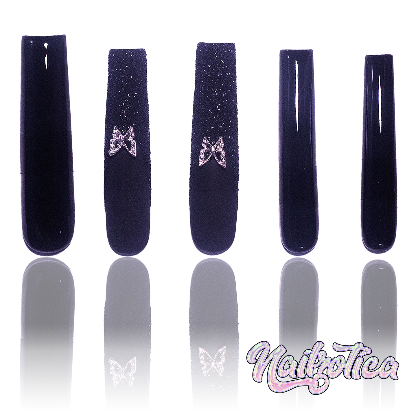 Noir Butterfly - Extra Long Length 55mm Medium Length Square Shape Matte Black Glitter Silver Butterfly Charm Reusable Acrylic Gel UV Hand-Painted High Quality Handmade Luxury Press On Nails