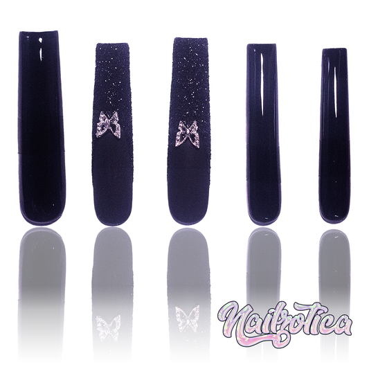 Noir Butterfly - Extra Long Length 55mm Medium Length Square Shape Matte Black Glitter Silver Butterfly Charm Reusable Acrylic Gel UV Hand-Painted High Quality Handmade Luxury Press On Nails