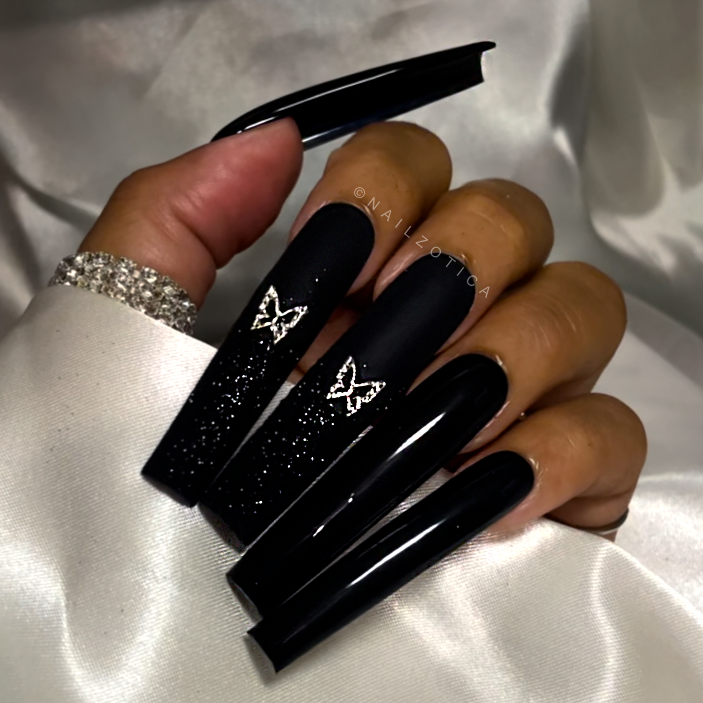 Noir Butterfly - Extra Long Length 55mm Medium Length Square Shape Matte Black Glitter Silver Butterfly Charm Reusable Acrylic Gel UV Hand-Painted High Quality Handmade Luxury Press On Nails