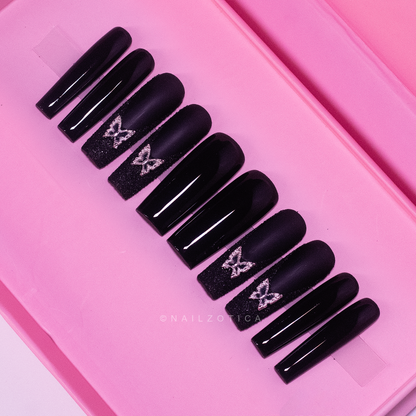 Noir Butterfly - Extra Long Length 55mm Medium Length Square Shape Matte Black Glitter Silver Butterfly Charm Reusable Acrylic Gel UV Hand-Painted High Quality Handmade Luxury Press On Nails
