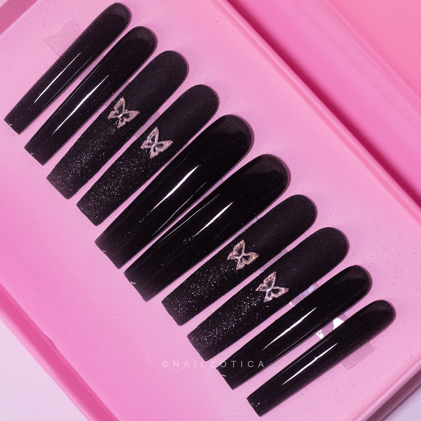 Noir Butterfly - Extra Long Length 55mm Medium Length Square Shape Matte Black Glitter Silver Butterfly Charm Reusable Acrylic Gel UV Hand-Painted High Quality Handmade Luxury Press On Nails