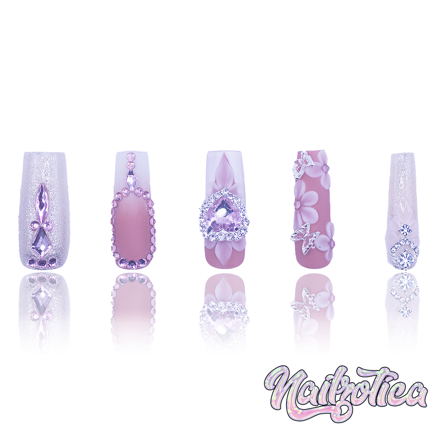Pink Peonies - Medium Length 30mm Square Shape French Tip White Glitter Pink Rhinestone 3D Flower Heart Gem Charm Nude Base Reusable Acrylic Gel UV Hand-Painted High Quality Handmade Luxury 3D Art Press On Nails (Custom)