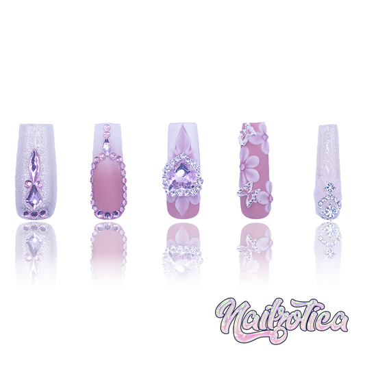 Pink Peonies - Medium Length 30mm Square Shape French Tip White Glitter Pink Rhinestone 3D Flower Heart Gem Charm Nude Base Reusable Acrylic Gel UV Hand-Painted High Quality Handmade Luxury 3D Art Press On Nails (Custom)