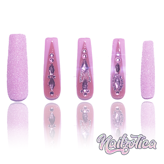 Pink Princess - Long Length 40mm Ballerina Shape Pink French Tip Glitter Silver Butterfly Charm Pink Rhinestone Reusable Acrylic Gel UV Hand-Painted High Quality Handmade Luxury Press On Nails