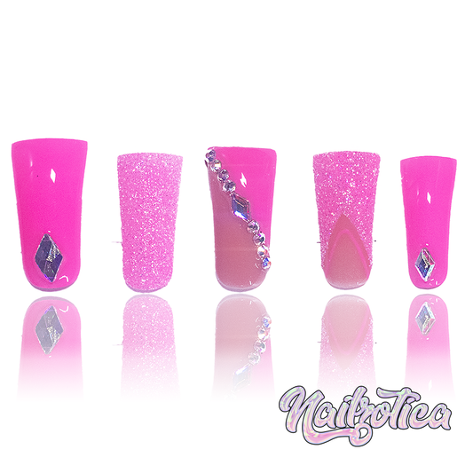 Pink Ur Poison - Long Length Medium Length 30mm & 40mm Square Shape Duck Shape Hot Pink Glitter French Tip Silver Rhinestone Reusable Acrylic Gel UV Hand-Painted High Quality Handmade Luxury Press On Nails