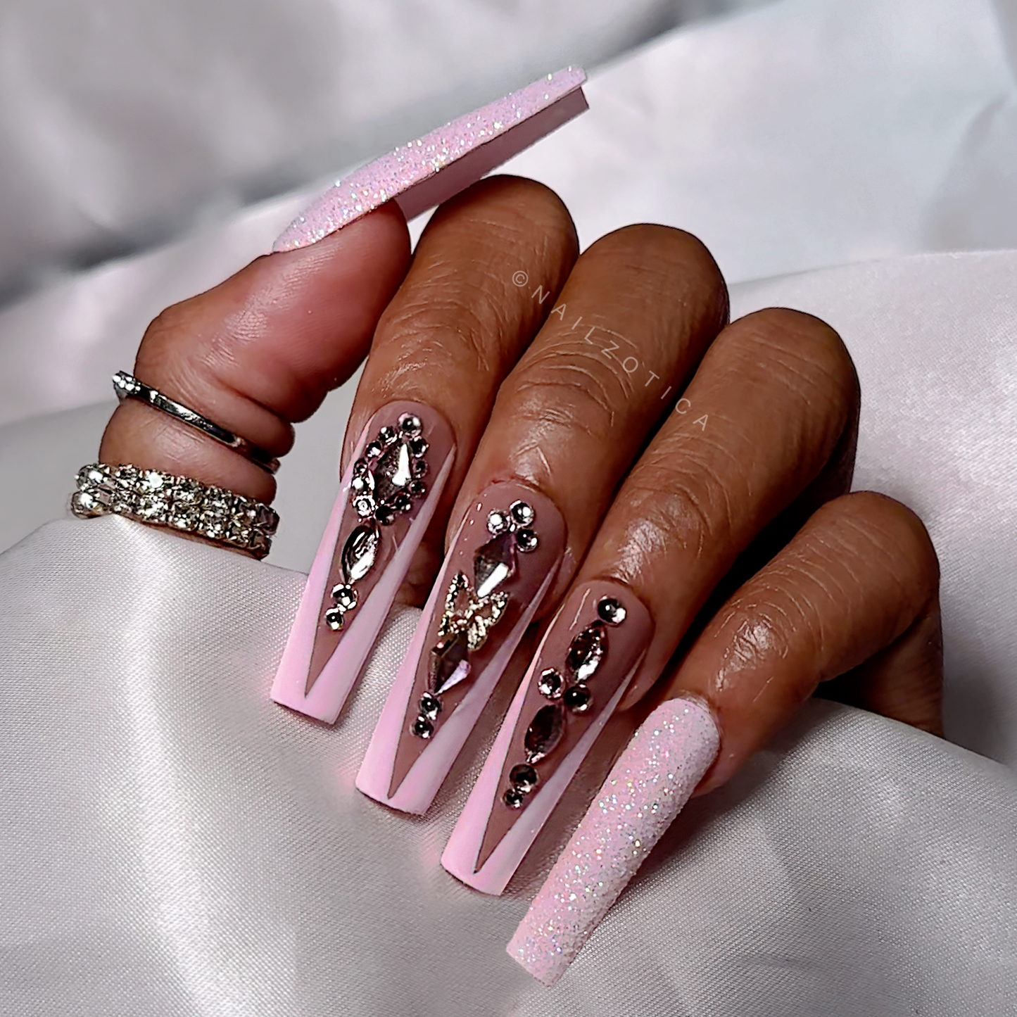 Pink Princess - Long Length 40mm Ballerina Shape Pink French Tip Glitter Silver Butterfly Charm Pink Rhinestone Reusable Acrylic Gel UV Hand-Painted High Quality Handmade Luxury Press On Nails