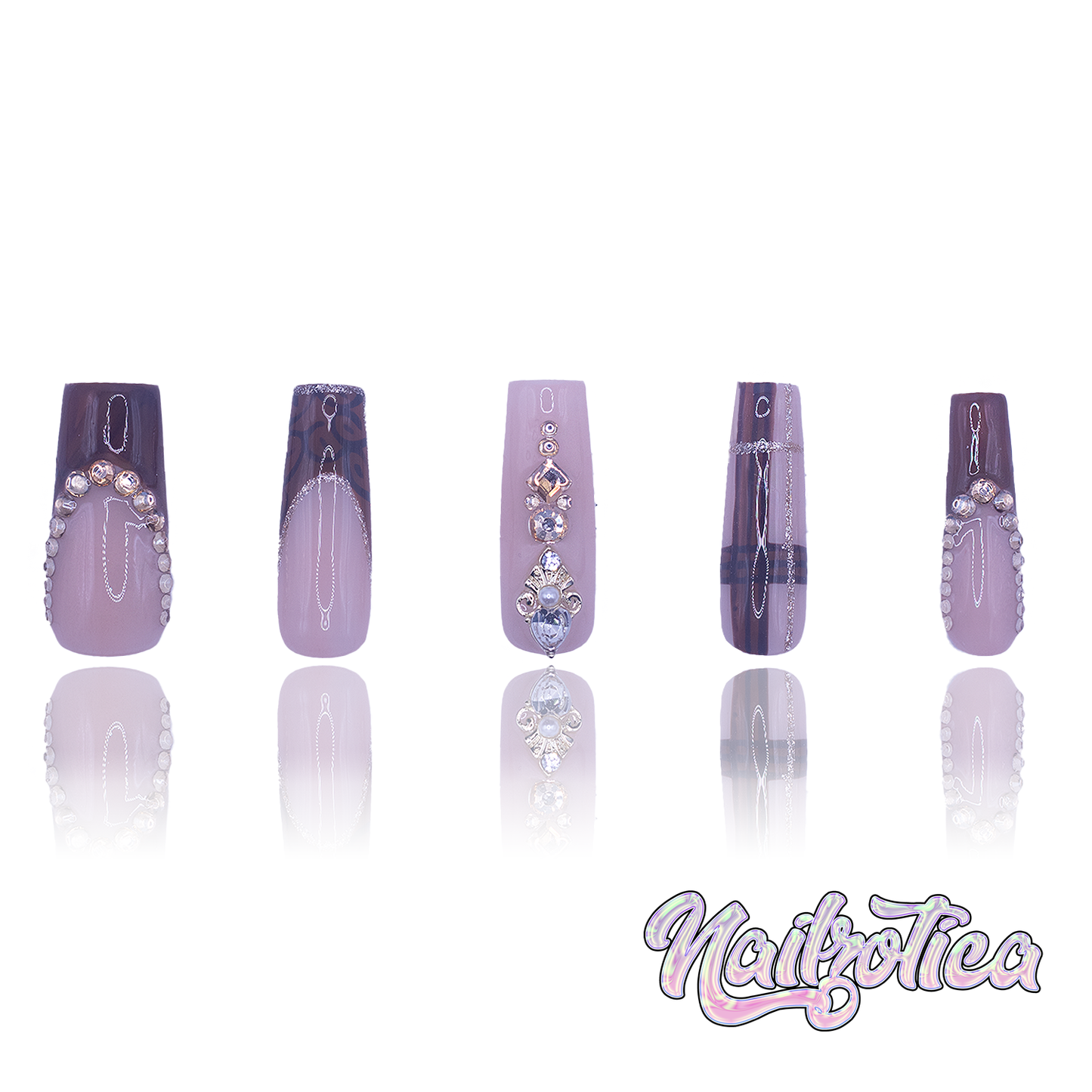 Plaid Princess - Medium Length 35mm Transparent Nude Base Brown French Tip Plaid Gold Glitter Rhinestone Reusable Acrylic Gel UV Hand-Painted High Quality Handmade Luxury Press On Nails