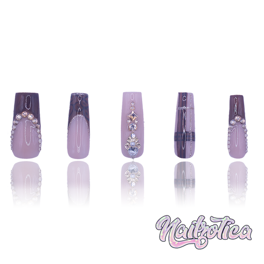 Plaid Princess - Medium Length 35mm Transparent Nude Base Brown French Tip Plaid Gold Glitter Rhinestone Reusable Acrylic Gel UV Hand-Painted High Quality Handmade Luxury Press On Nails