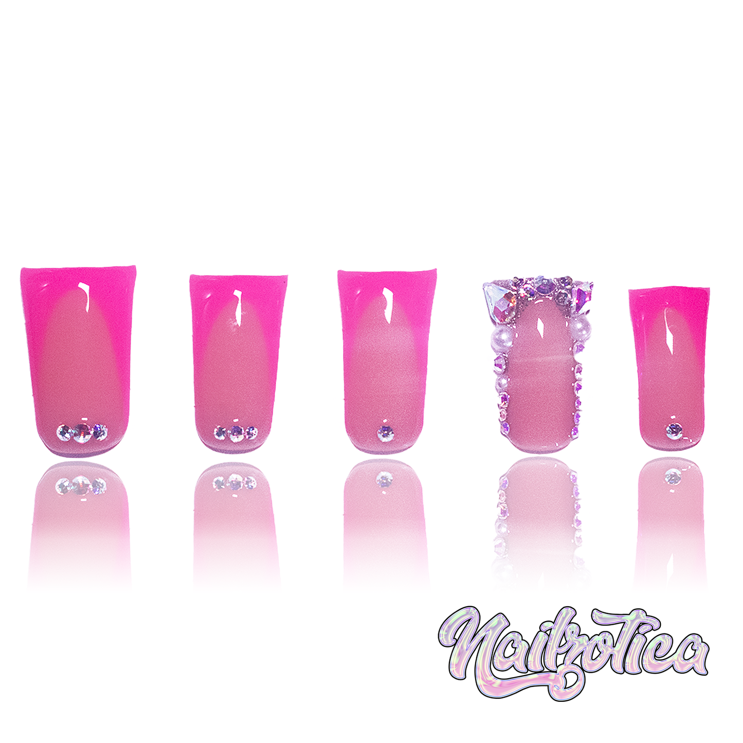 Pretty 'N Pink - Medium Length 30mm Duck Shape Pink French Tip Nude Natural Transparent Base Silver Rhinestone Reusable Acrylic Gel UV Hand-Painted High Quality Handmade Luxury Press On Duck Nails