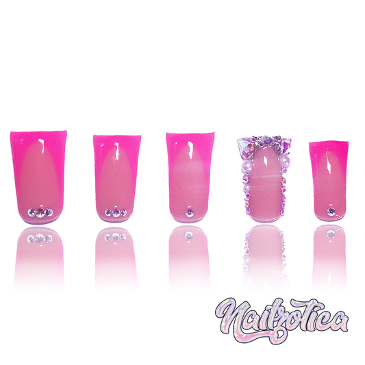 Pretty 'N Pink - Medium Length 30mm Duck Shape Pink French Tip Nude Natural Transparent Base Silver Rhinestone Reusable Acrylic Gel UV Hand-Painted High Quality Handmade Luxury Press On Duck Nails
