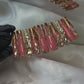 Bronze Baddie - Extra Long Length 55mm 3D Abstract Rhinestone French Tip Gold Color Pink Base Square Shape Reusable Acrylic Gel UV High Quality Handmade Luxury Press On Nails