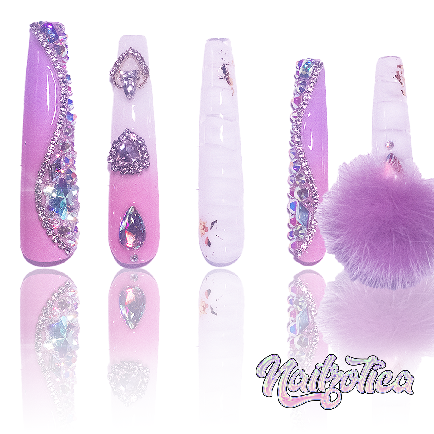Purple Princess - Extra Long Length 55mm Ballerina Coffin Shape Purple Ombre Gradient White Croc Print Silver Rhinestone Purple Removeable Magnetic Pom-Poms Heart Gem Charms Reusable Acrylic Gel UV Hand-Painted High Quality Handmade Luxury Press On Nails