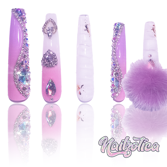 Purple Princess - Extra Long Length 55mm Ballerina Coffin Shape Purple Ombre Gradient White Croc Print Silver Rhinestone Purple Removeable Magnetic Pom-Poms Heart Gem Charms Reusable Acrylic Gel UV Hand-Painted High Quality Handmade Luxury Press On Nails