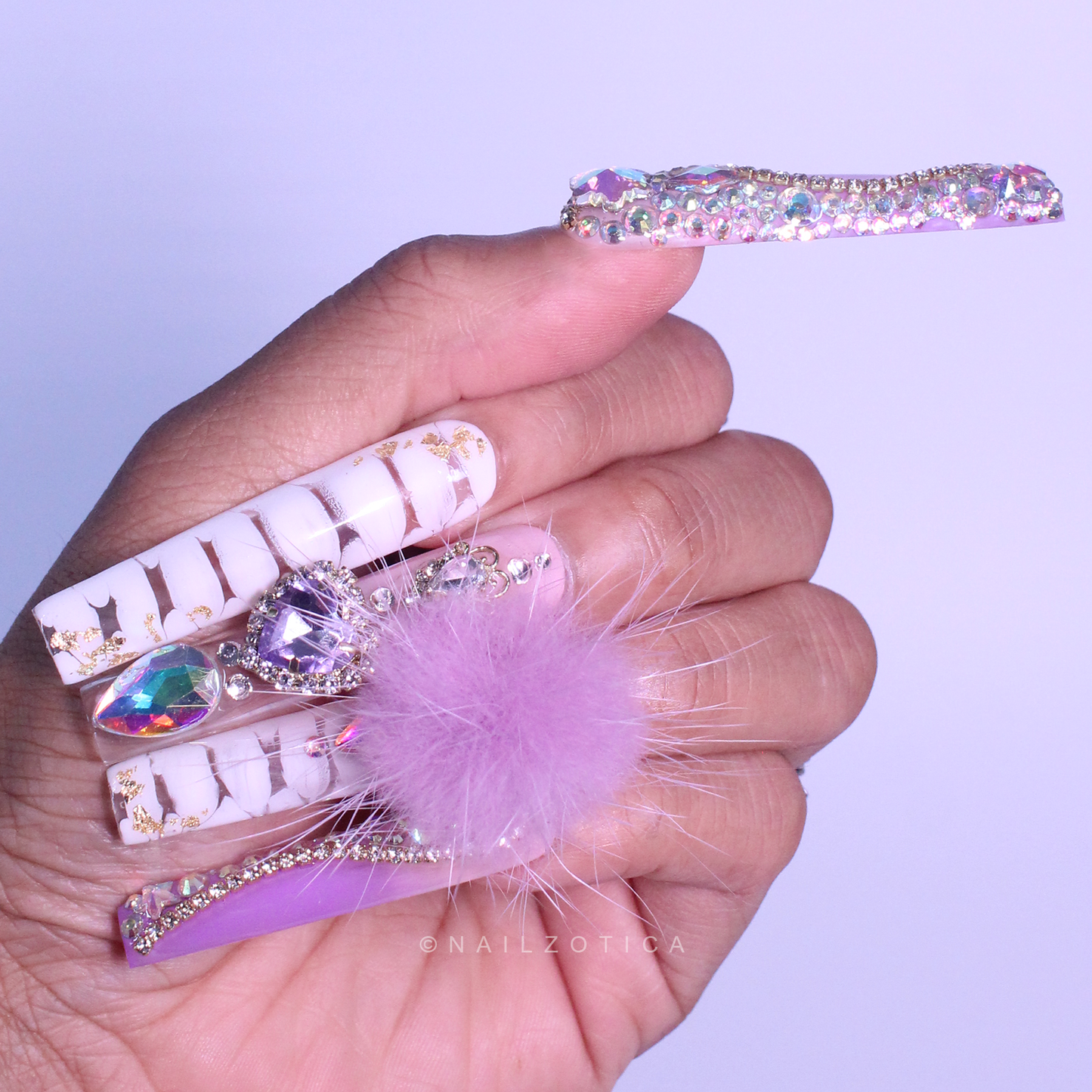 Purple Princess - Extra Long Length 55mm Ballerina Coffin Shape Purple Ombre Gradient White Croc Print Silver Rhinestone Purple Removeable Magnetic Pom-Poms Heart Gem Charms Reusable Acrylic Gel UV Hand-Painted High Quality Handmade Luxury Press On Nails