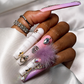 Purple Princess - Extra Long Length 55mm Ballerina Coffin Shape Purple Ombre Gradient White Croc Print Silver Rhinestone Purple Removeable Magnetic Pom-Poms Heart Gem Charms Reusable Acrylic Gel UV Hand-Painted High Quality Handmade Luxury Press On Nails
