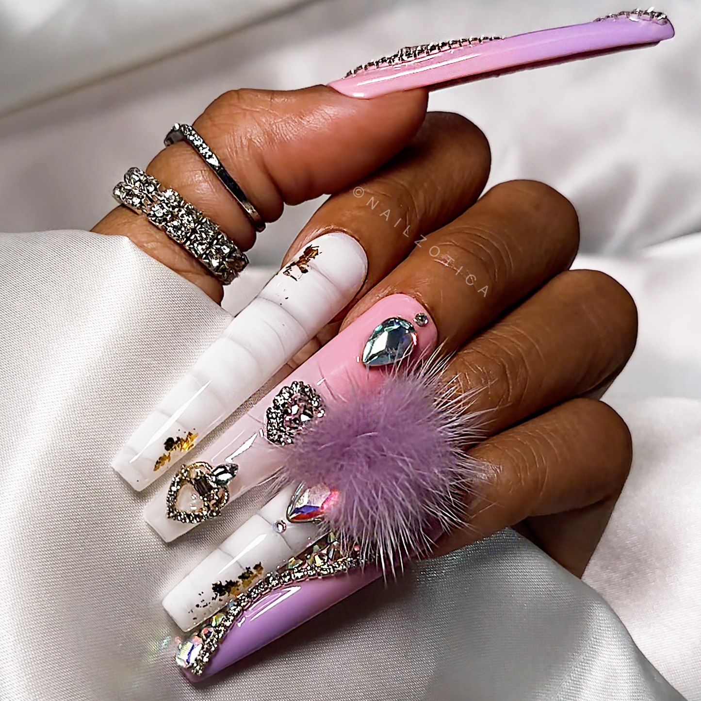 Purple Princess - Extra Long Length 55mm Ballerina Coffin Shape Purple Ombre Gradient White Croc Print Silver Rhinestone Purple Removeable Magnetic Pom-Poms Heart Gem Charms Reusable Acrylic Gel UV Hand-Painted High Quality Handmade Luxury Press On Nails