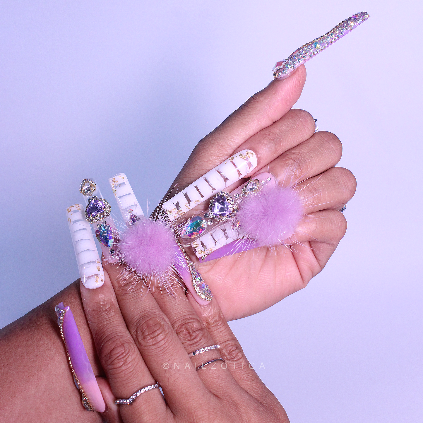 Purple Princess - Extra Long Length 55mm Ballerina Coffin Shape Purple Ombre Gradient White Croc Print Silver Rhinestone Purple Removeable Magnetic Pom-Poms Heart Gem Charms Reusable Acrylic Gel UV Hand-Painted High Quality Handmade Luxury Press On Nails