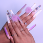 Purple Princess - Extra Long Length 55mm Ballerina Coffin Shape Purple Ombre Gradient White Croc Print Silver Rhinestone Purple Removeable Magnetic Pom-Poms Heart Gem Charms Reusable Acrylic Gel UV Hand-Painted High Quality Handmade Luxury Press On Nails