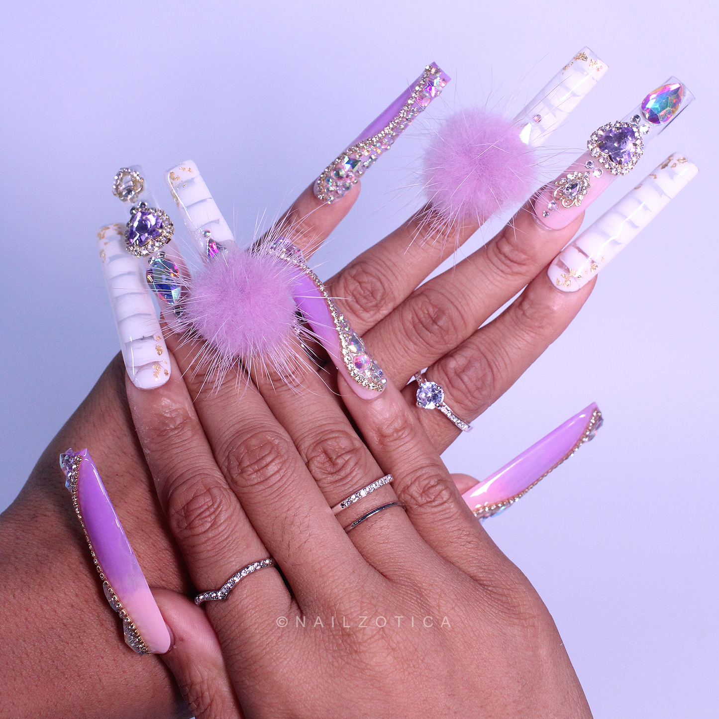 Purple Princess - Extra Long Length 55mm Ballerina Coffin Shape Purple Ombre Gradient White Croc Print Silver Rhinestone Purple Removeable Magnetic Pom-Poms Heart Gem Charms Reusable Acrylic Gel UV Hand-Painted High Quality Handmade Luxury Press On Nails