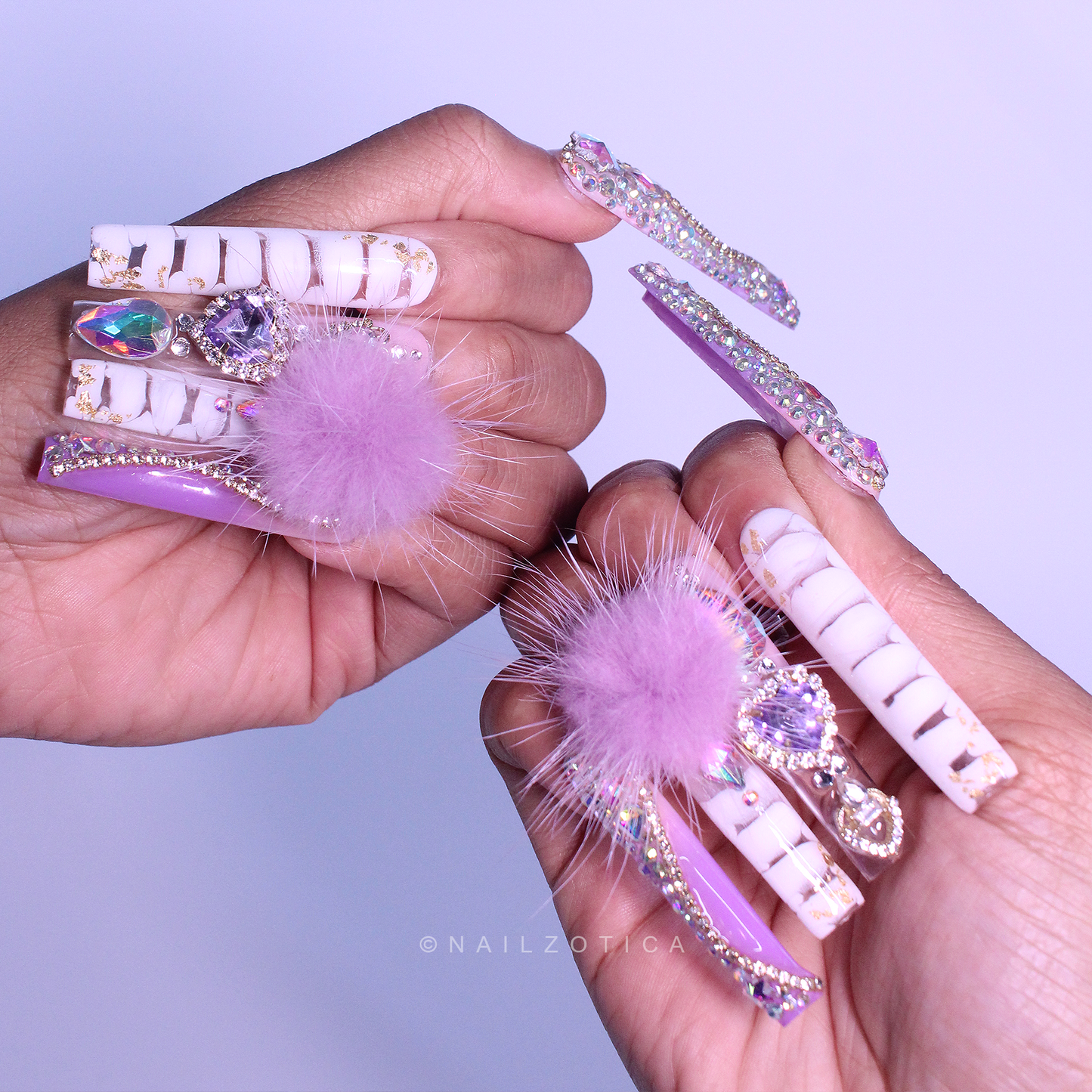 Purple Princess - Extra Long Length 55mm Ballerina Coffin Shape Purple Ombre Gradient White Croc Print Silver Rhinestone Purple Removeable Magnetic Pom-Poms Heart Gem Charms Reusable Acrylic Gel UV Hand-Painted High Quality Handmade Luxury Press On Nails