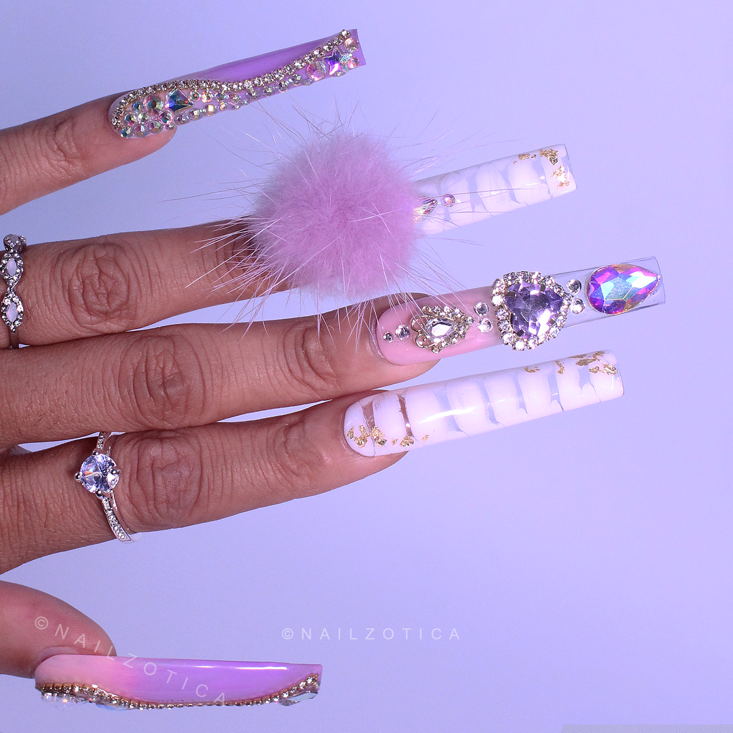 Purple Princess - Extra Long Length 55mm Ballerina Coffin Shape Purple Ombre Gradient White Croc Print Silver Rhinestone Purple Removeable Magnetic Pom-Poms Heart Gem Charms Reusable Acrylic Gel UV Hand-Painted High Quality Handmade Luxury Press On Nails