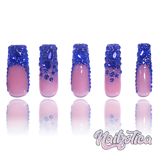 Royal Rebel - Medium Length 35mm Square Shape Ombre Gradient Natural Transparent Nude Base Royal Blue Gold Rhinestone Handmade Luxury Press On Nails