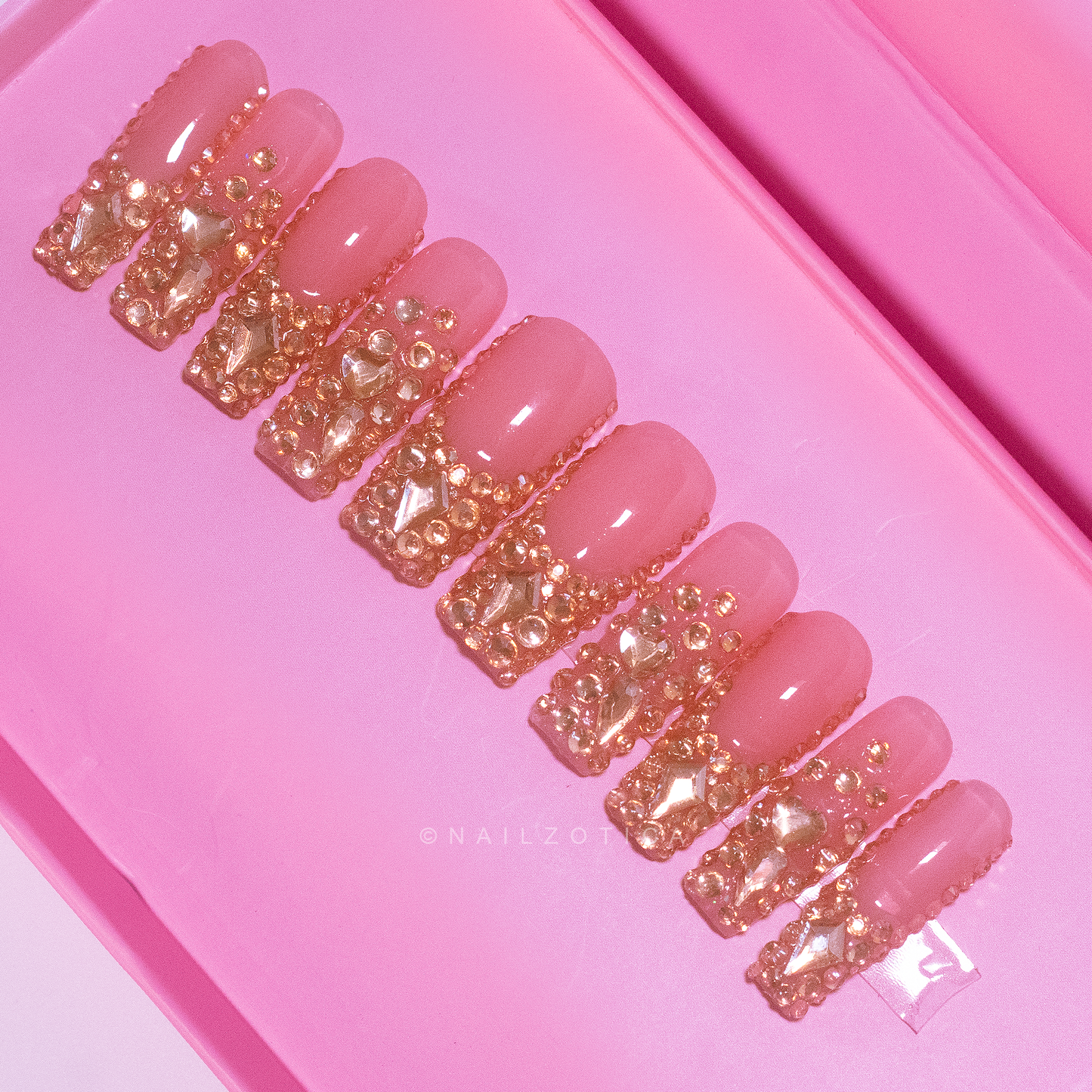 Royal Rebel - Medium Length 35mm Square Shape Ombre Gradient Natural Transparent Nude Base Royal Blue Gold Rhinestone Handmade Luxury Press On Nails