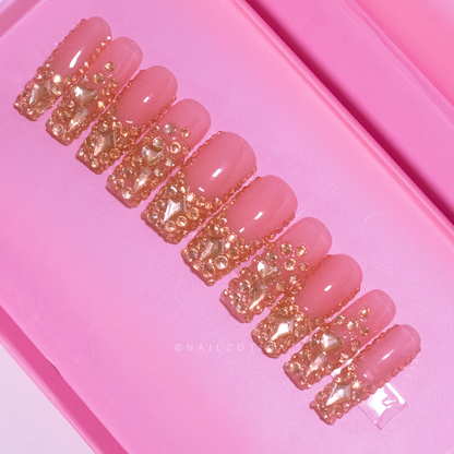 Royal Rebel - Medium Length 35mm Square Shape Ombre Gradient Natural Transparent Nude Base Royal Blue Gold Rhinestone Handmade Luxury Press On Nails