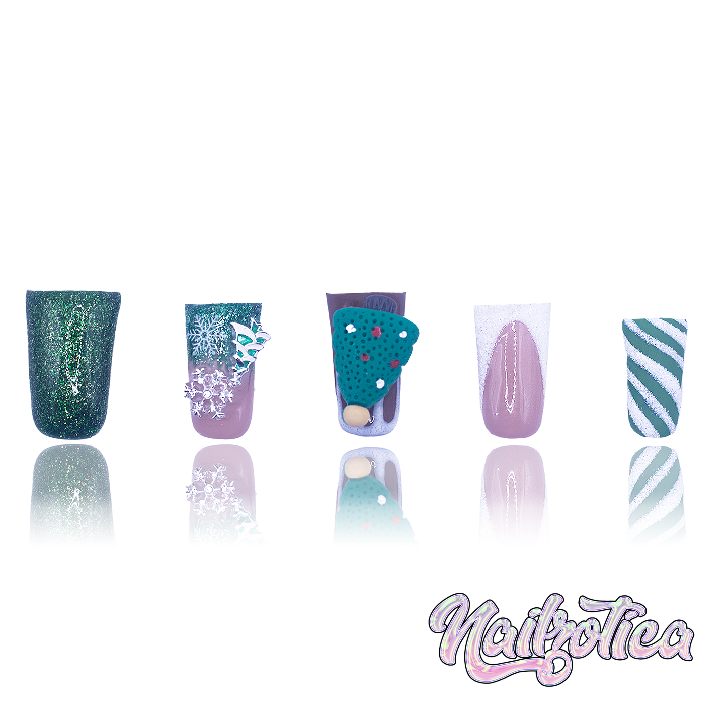 Santa's Favorite - Short Length Duck Shape Red Green Christmas Tree Red and White Candy Cane Peppermint Reindeer Snowflake Glitter French Tip Reusable Acrylic Gel UV Hand-Painted High Quality  Handmade Luxury Holiday Edition Christmas Duck Press On Nails