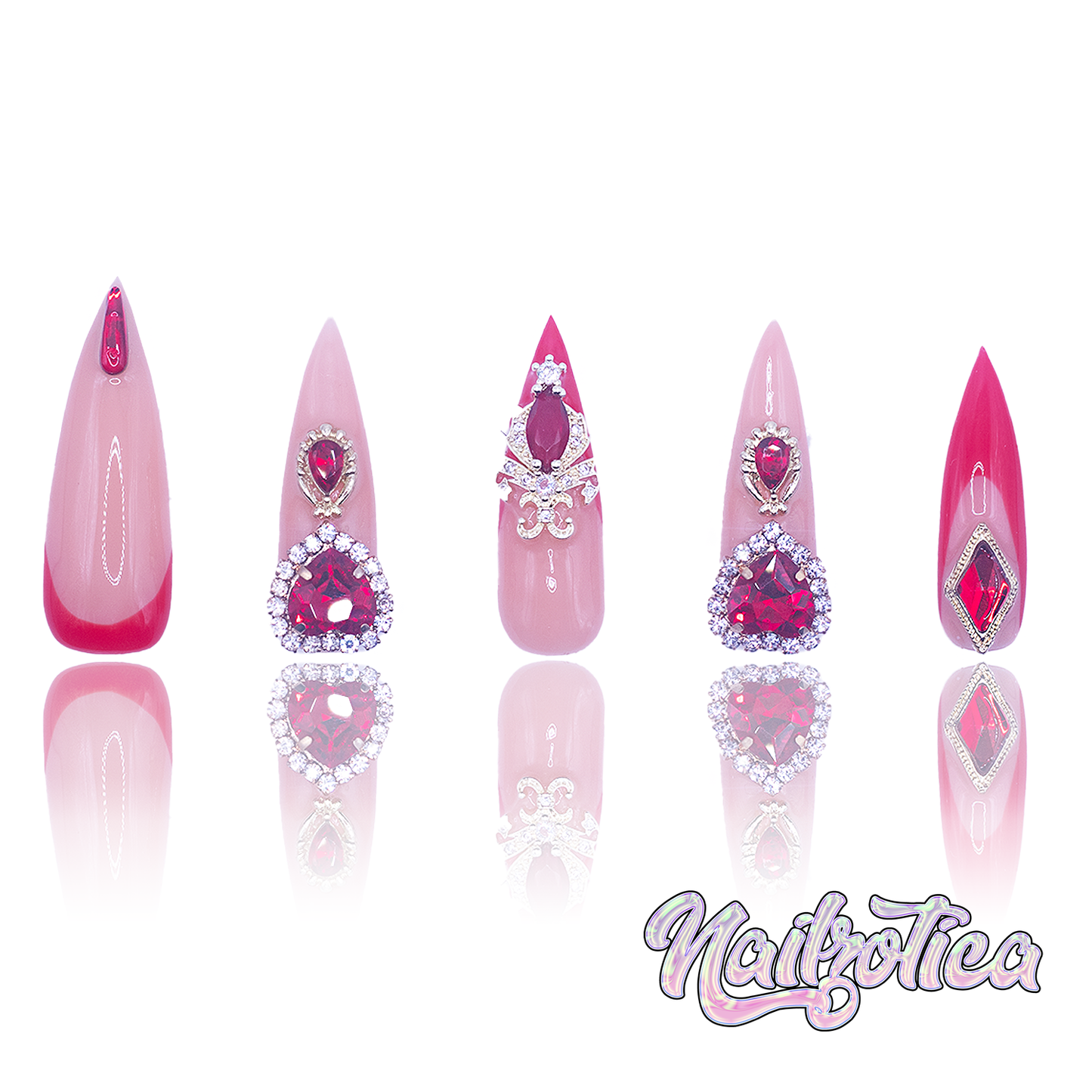 Sexy Reds - Medium Length 35mm Stiletto Pointy Shape Natural Nude Transparent Red Ruby Heart Gem Rhinestone French Tip Reusable Acrylic Gel UV Hand-Painted High Quality Handmade Luxury Holiday Edition Christmas Press On Nails