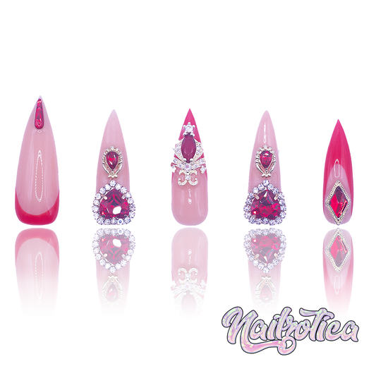Sexy Reds - Medium Length 35mm Stiletto Pointy Shape Natural Nude Transparent Red Ruby Heart Gem Rhinestone French Tip Reusable Acrylic Gel UV Hand-Painted High Quality Handmade Luxury Holiday Edition Christmas Press On Nails
