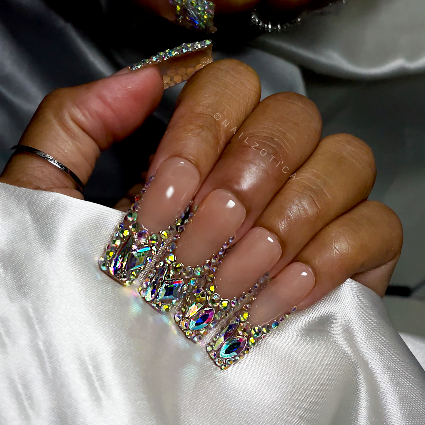 Sparkly French - Medium Length 35mm Square Shape Silver Gold Rhinestone French Tip Nude Transparent Natural Base Reusable Acrylic Gel UV Hand-Painted High Quality  Handmade Luxury Press On Nails